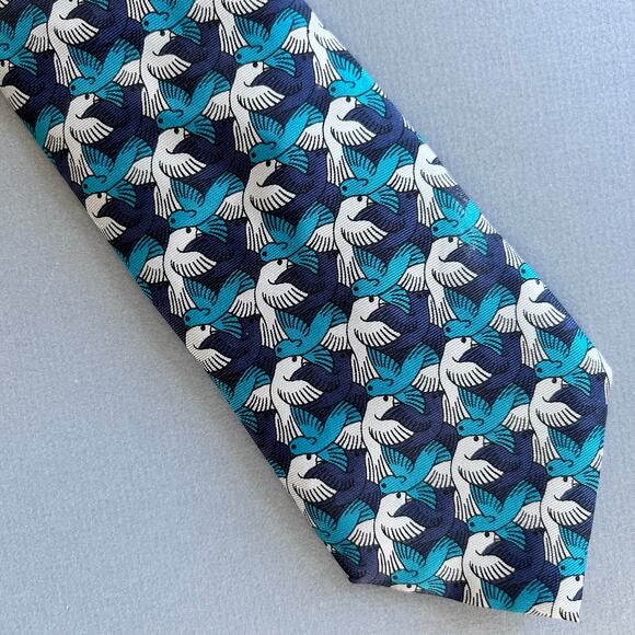 M.C. Escher Boxelder Company Classic Tie Blue Cream Bird Print 100% Silk VTG - Picture 3 of 7